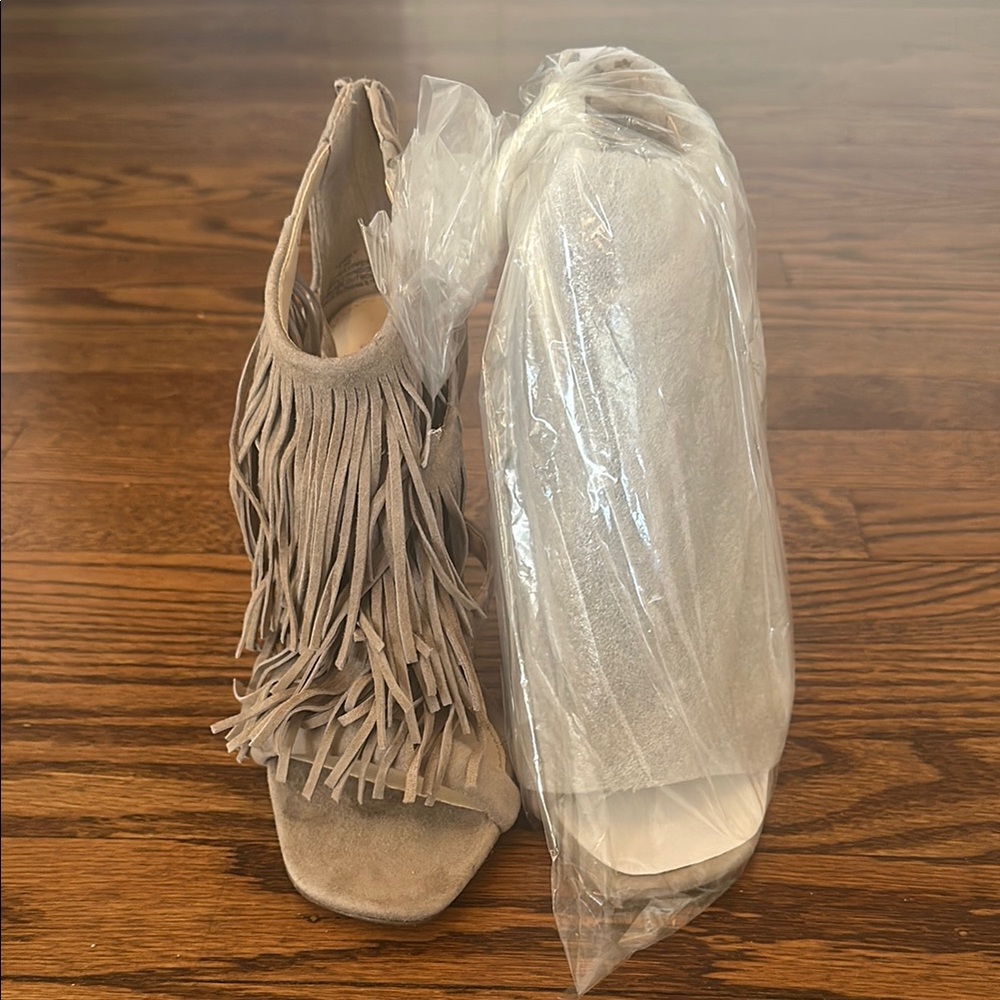 Fringe Suede Open-Toe Heels